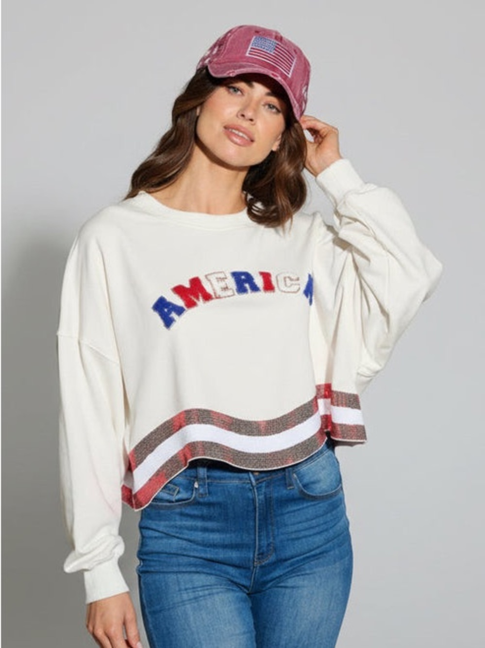 THE AMERICANA CREW LONG SLEEVE SEQUIN CROP PULLOVER SWEATER
White - Picture 2 of 10